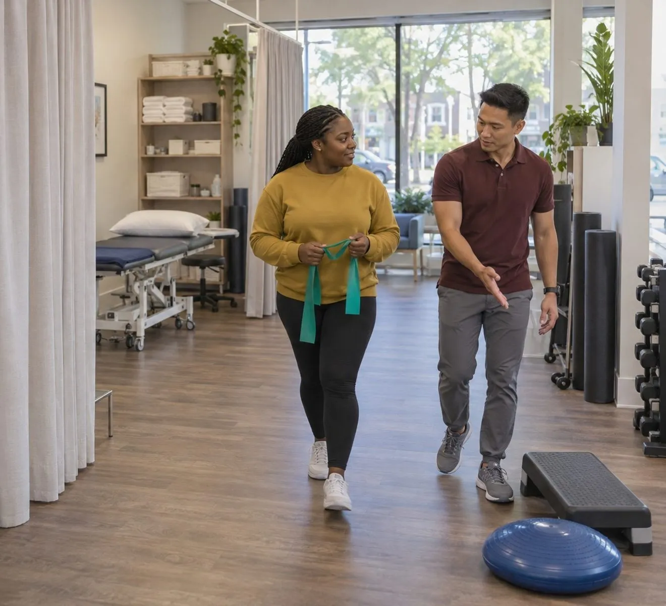 A physiotherapist observing a patient during a first-visit movement assessment