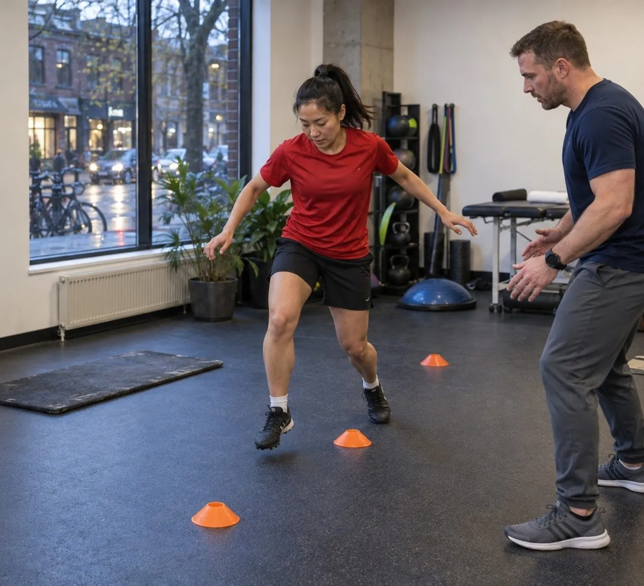 A physiotherapist observing a patient during a first-visit movement assessment