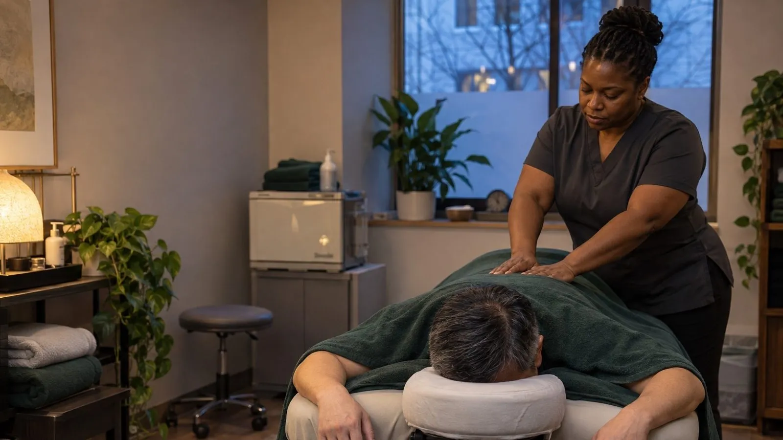 A massage therapist working with a client in a softly lit clinic room