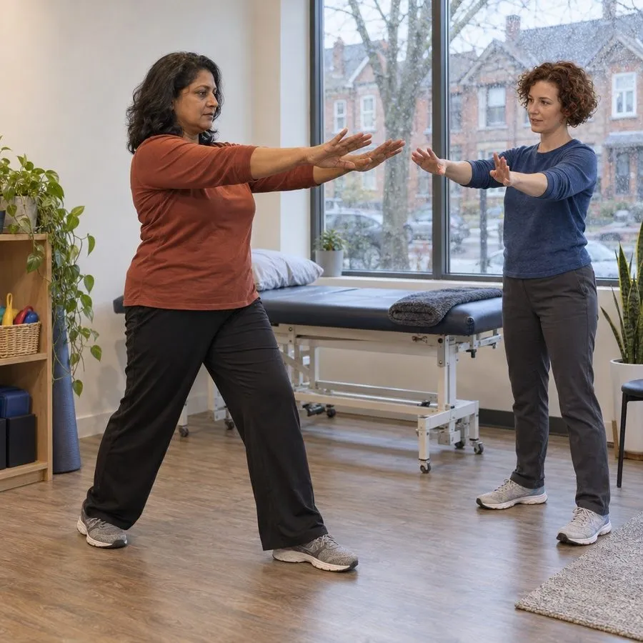 A patient and physiotherapist moving between the treatment and exercise areas at Northlight Physiotherapy